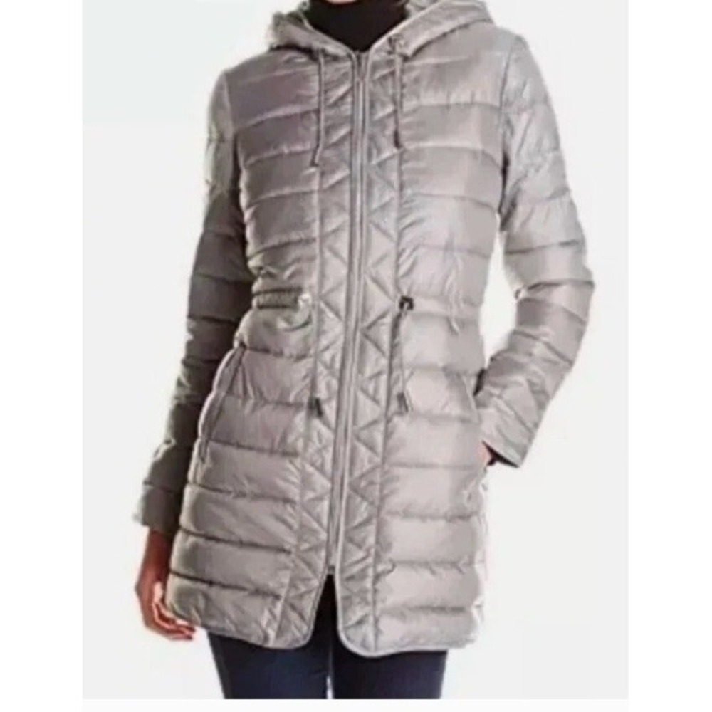 Kenneth Cole Quilted Anorak Jacket Medium Silver Grey Polyester Good Puffer Coat